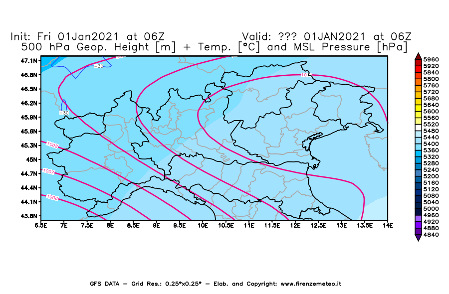 Mappa di analisi GFS - Geopotenziale [m] + Temp. [°C] a 500 hPa + Press. a livello del mare [hPa] in Nord-Italia
							del 01/01/2021 06 <!--googleoff: index-->UTC<!--googleon: index-->