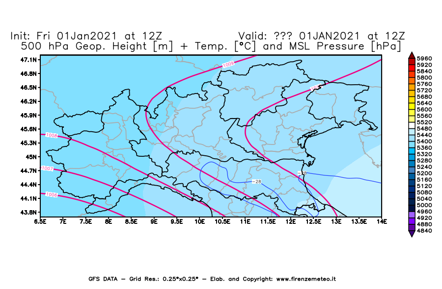 Mappa di analisi GFS - Geopotenziale [m] + Temp. [°C] a 500 hPa + Press. a livello del mare [hPa] in Nord-Italia
							del 01/01/2021 12 <!--googleoff: index-->UTC<!--googleon: index-->