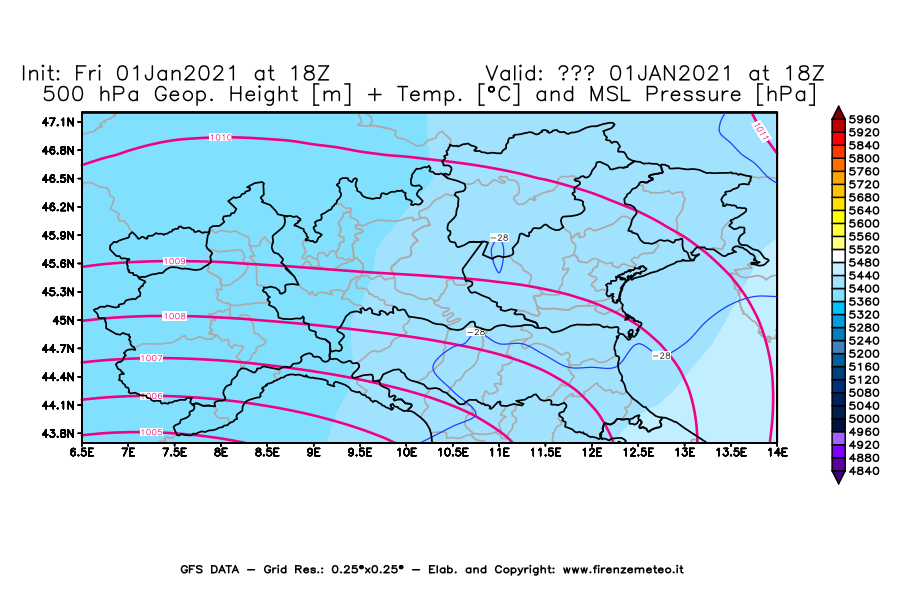 Mappa di analisi GFS - Geopotenziale [m] + Temp. [°C] a 500 hPa + Press. a livello del mare [hPa] in Nord-Italia
							del 01/01/2021 18 <!--googleoff: index-->UTC<!--googleon: index-->