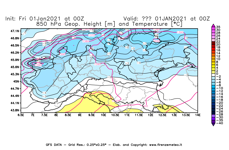 Mappa di analisi GFS - Geopotenziale [m] e Temperatura [°C] a 850 hPa in Nord-Italia
							del 01/01/2021 00 <!--googleoff: index-->UTC<!--googleon: index-->