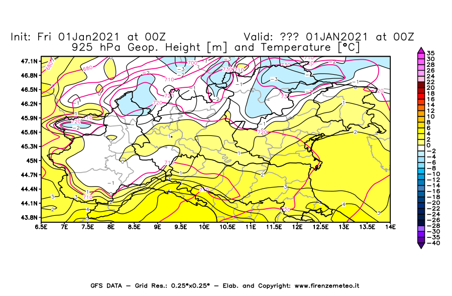 Mappa di analisi GFS - Geopotenziale [m] e Temperatura [°C] a 925 hPa in Nord-Italia
							del 01/01/2021 00 <!--googleoff: index-->UTC<!--googleon: index-->
