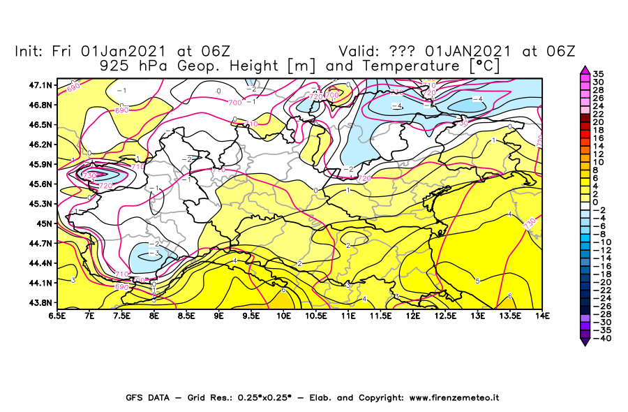 Mappa di analisi GFS - Geopotenziale [m] e Temperatura [°C] a 925 hPa in Nord-Italia
							del 01/01/2021 06 <!--googleoff: index-->UTC<!--googleon: index-->
