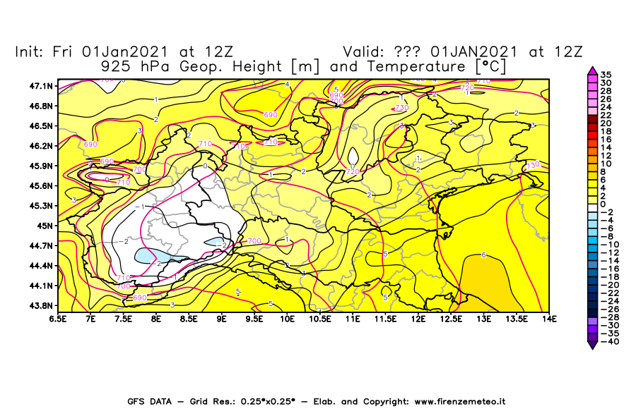 Mappa di analisi GFS - Geopotenziale [m] e Temperatura [°C] a 925 hPa in Nord-Italia
							del 01/01/2021 12 <!--googleoff: index-->UTC<!--googleon: index-->