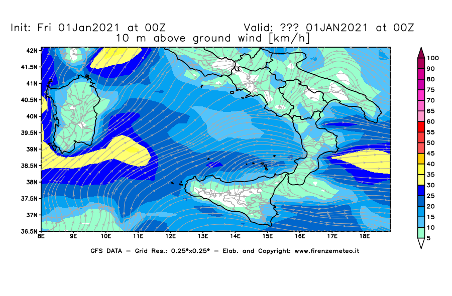 Mappa di analisi GFS - Velocità del vento a 10 metri dal suolo [km/h] in Sud-Italia
							del 01/01/2021 00 <!--googleoff: index-->UTC<!--googleon: index-->