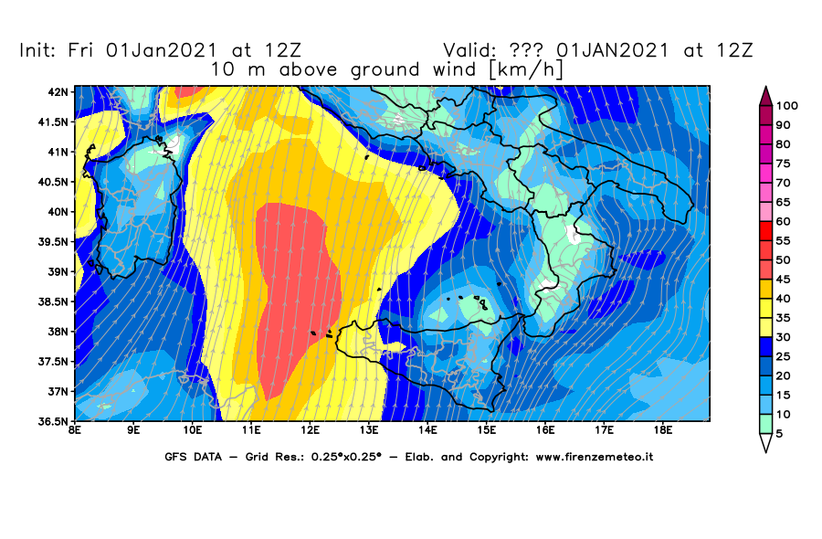 Mappa di analisi GFS - Velocità del vento a 10 metri dal suolo [km/h] in Sud-Italia
							del 01/01/2021 12 <!--googleoff: index-->UTC<!--googleon: index-->