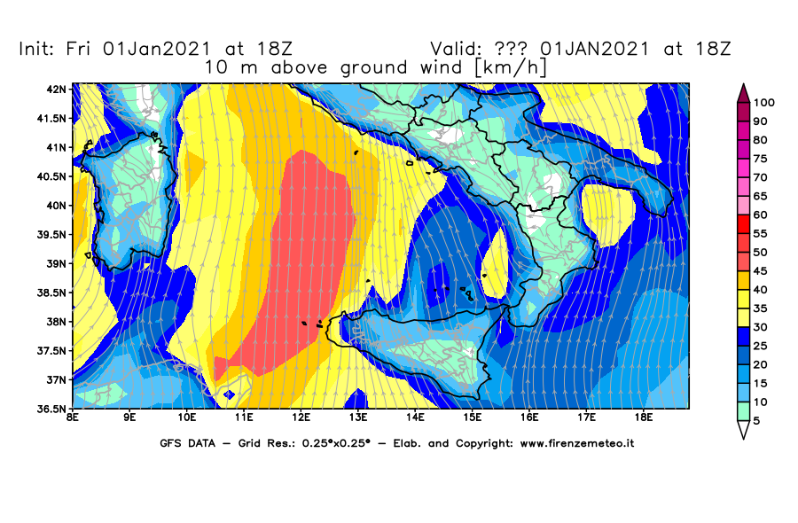 Mappa di analisi GFS - Velocità del vento a 10 metri dal suolo [km/h] in Sud-Italia
							del 01/01/2021 18 <!--googleoff: index-->UTC<!--googleon: index-->