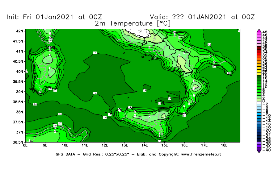 Mappa di analisi GFS - Temperatura a 2 metri dal suolo [°C] in Sud-Italia
							del 01/01/2021 00 <!--googleoff: index-->UTC<!--googleon: index-->