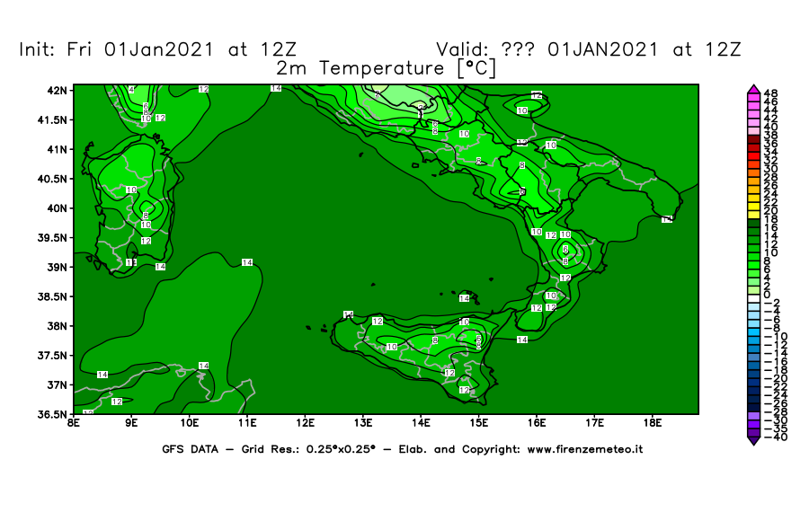 Mappa di analisi GFS - Temperatura a 2 metri dal suolo [°C] in Sud-Italia
							del 01/01/2021 12 <!--googleoff: index-->UTC<!--googleon: index-->