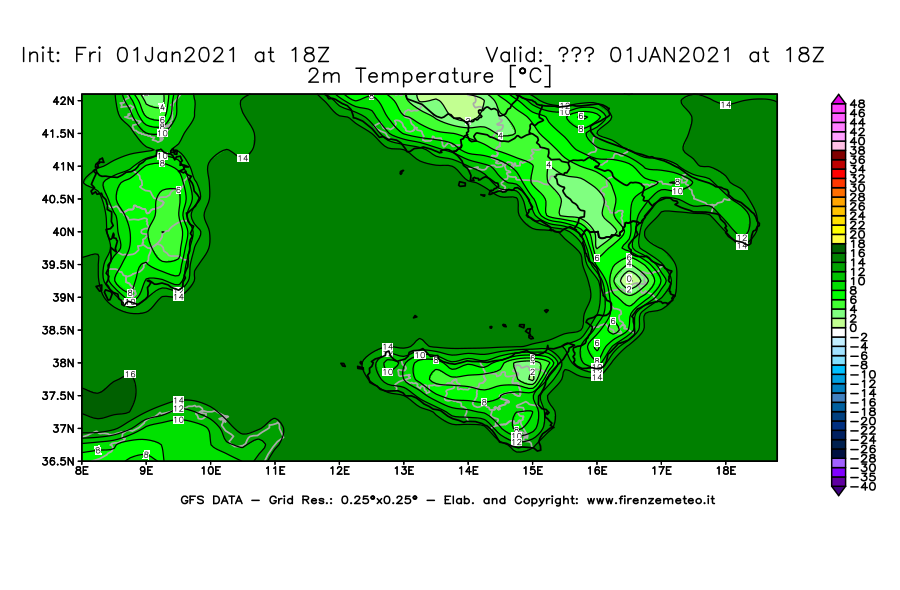 Mappa di analisi GFS - Temperatura a 2 metri dal suolo [°C] in Sud-Italia
							del 01/01/2021 18 <!--googleoff: index-->UTC<!--googleon: index-->