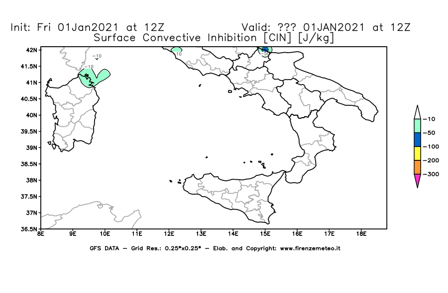 Mappa di analisi GFS - CIN [J/kg] in Sud-Italia
							del 01/01/2021 12 <!--googleoff: index-->UTC<!--googleon: index-->