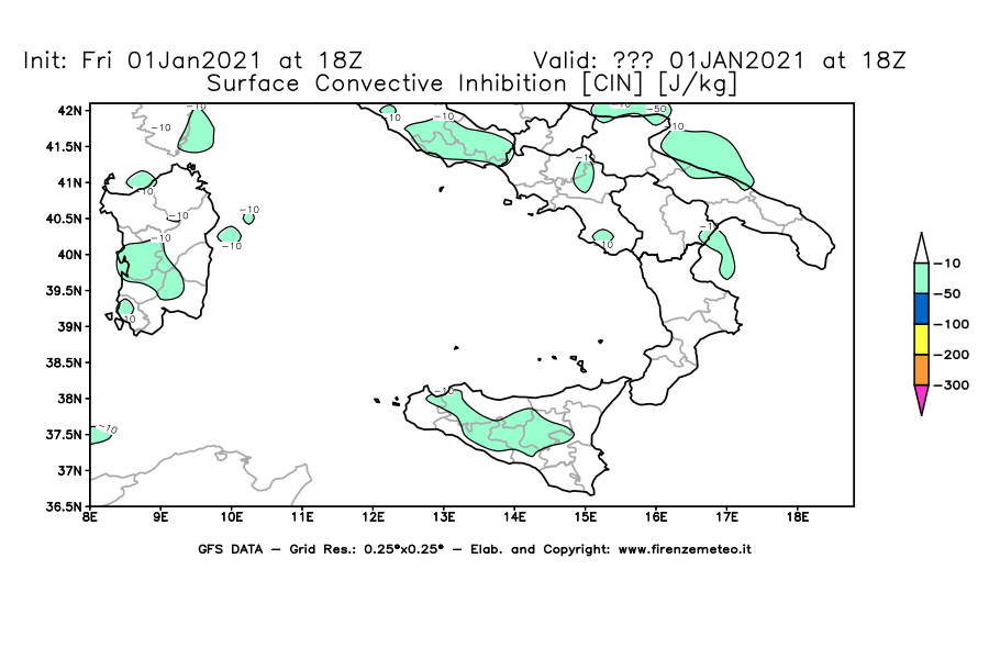 Mappa di analisi GFS - CIN [J/kg] in Sud-Italia
							del 01/01/2021 18 <!--googleoff: index-->UTC<!--googleon: index-->