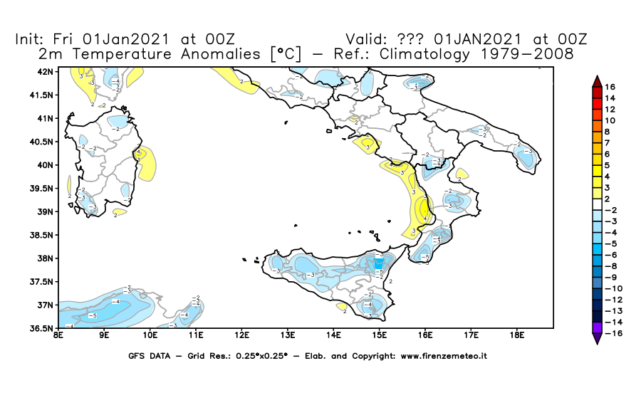 Mappa di analisi GFS - Anomalia Temperatura [°C] a 2 m in Sud-Italia
							del 01/01/2021 00 <!--googleoff: index-->UTC<!--googleon: index-->