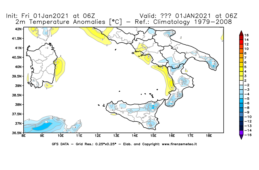 Mappa di analisi GFS - Anomalia Temperatura [°C] a 2 m in Sud-Italia
							del 01/01/2021 06 <!--googleoff: index-->UTC<!--googleon: index-->