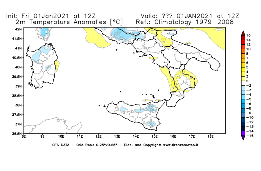 Mappa di analisi GFS - Anomalia Temperatura [°C] a 2 m in Sud-Italia
							del 01/01/2021 12 <!--googleoff: index-->UTC<!--googleon: index-->