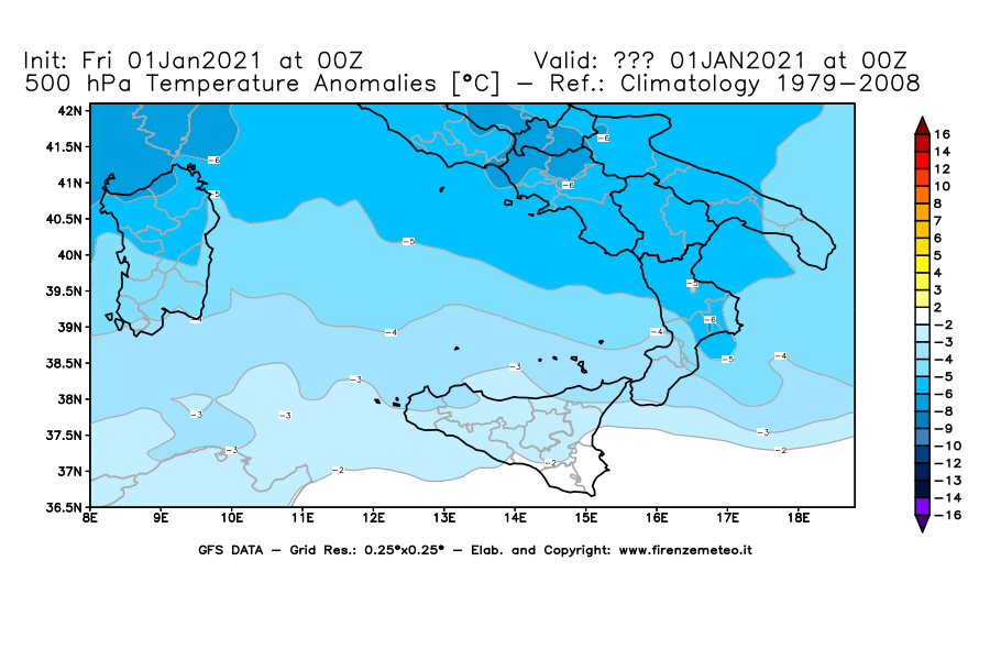 Mappa di analisi GFS - Anomalia Temperatura [°C] a 500 hPa in Sud-Italia
							del 01/01/2021 00 <!--googleoff: index-->UTC<!--googleon: index-->