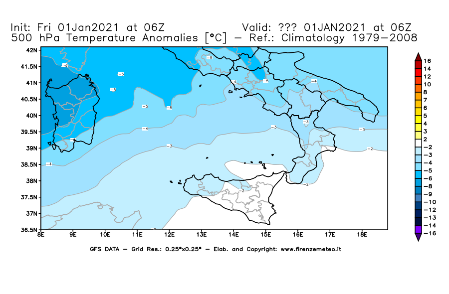 Mappa di analisi GFS - Anomalia Temperatura [°C] a 500 hPa in Sud-Italia
							del 01/01/2021 06 <!--googleoff: index-->UTC<!--googleon: index-->