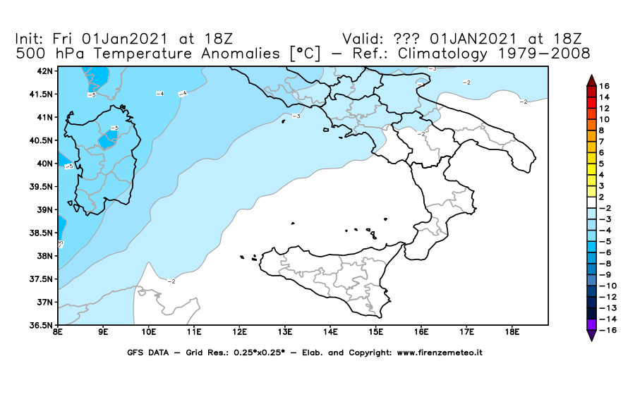 Mappa di analisi GFS - Anomalia Temperatura [°C] a 500 hPa in Sud-Italia
							del 01/01/2021 18 <!--googleoff: index-->UTC<!--googleon: index-->