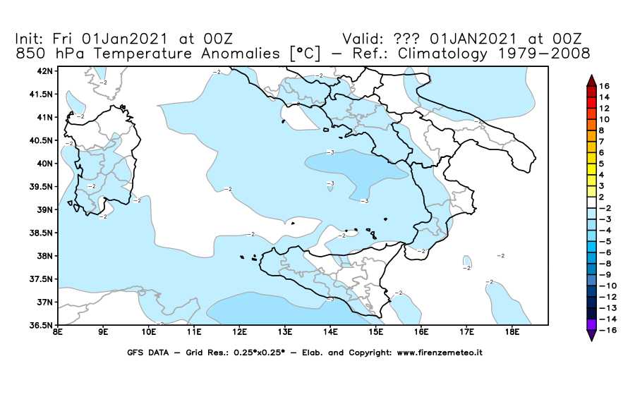 Mappa di analisi GFS - Anomalia Temperatura [°C] a 850 hPa in Sud-Italia
							del 01/01/2021 00 <!--googleoff: index-->UTC<!--googleon: index-->