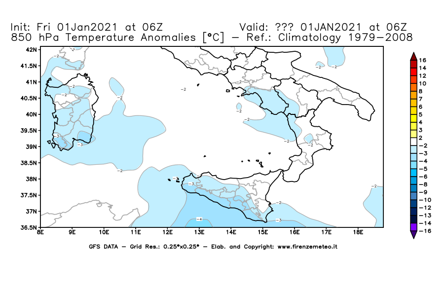 Mappa di analisi GFS - Anomalia Temperatura [°C] a 850 hPa in Sud-Italia
							del 01/01/2021 06 <!--googleoff: index-->UTC<!--googleon: index-->