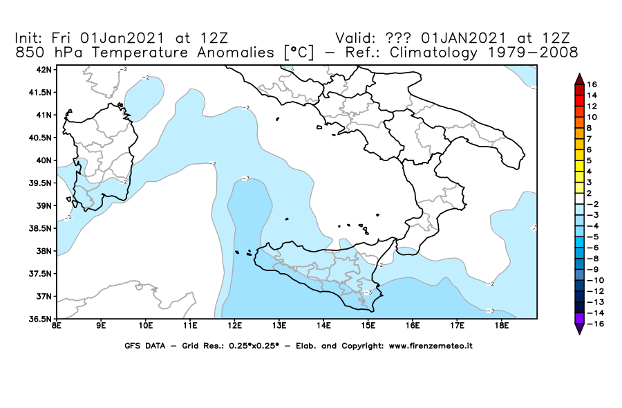 Mappa di analisi GFS - Anomalia Temperatura [°C] a 850 hPa in Sud-Italia
							del 01/01/2021 12 <!--googleoff: index-->UTC<!--googleon: index-->