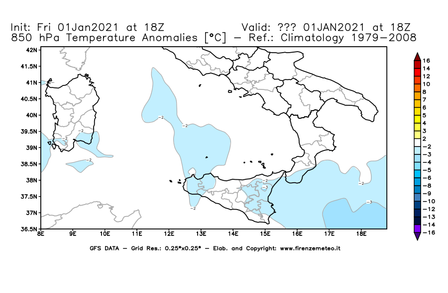 Mappa di analisi GFS - Anomalia Temperatura [°C] a 850 hPa in Sud-Italia
							del 01/01/2021 18 <!--googleoff: index-->UTC<!--googleon: index-->