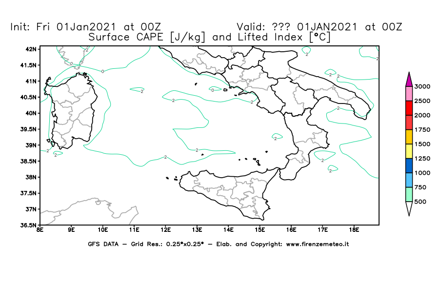 Mappa di analisi GFS - CAPE [J/kg] e Lifted Index [°C] in Sud-Italia
							del 01/01/2021 00 <!--googleoff: index-->UTC<!--googleon: index-->