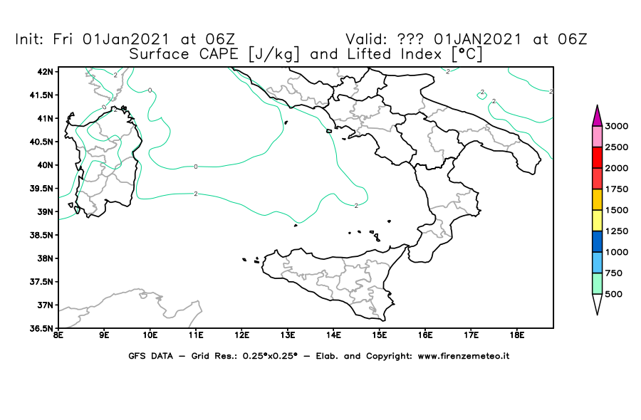 Mappa di analisi GFS - CAPE [J/kg] e Lifted Index [°C] in Sud-Italia
							del 01/01/2021 06 <!--googleoff: index-->UTC<!--googleon: index-->