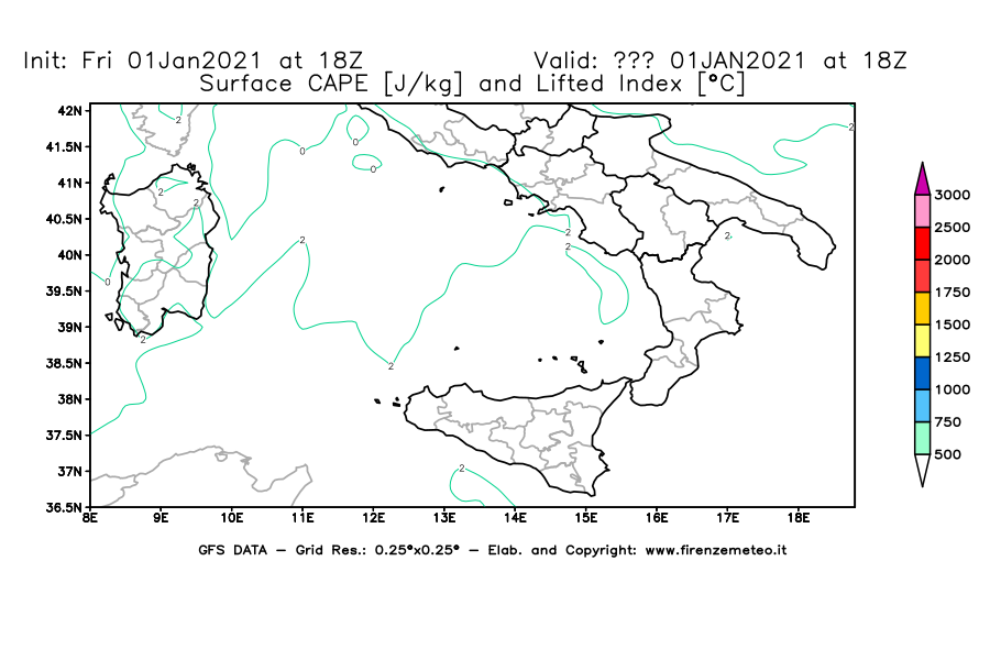 Mappa di analisi GFS - CAPE [J/kg] e Lifted Index [°C] in Sud-Italia
							del 01/01/2021 18 <!--googleoff: index-->UTC<!--googleon: index-->