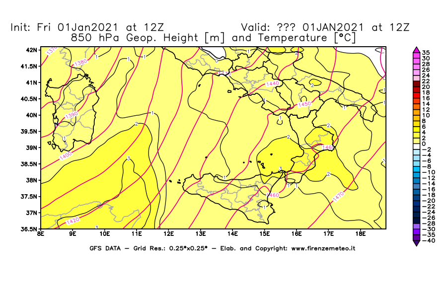 Mappa di analisi GFS - Geopotenziale [m] e Temperatura [°C] a 850 hPa in Sud-Italia
							del 01/01/2021 12 <!--googleoff: index-->UTC<!--googleon: index-->
