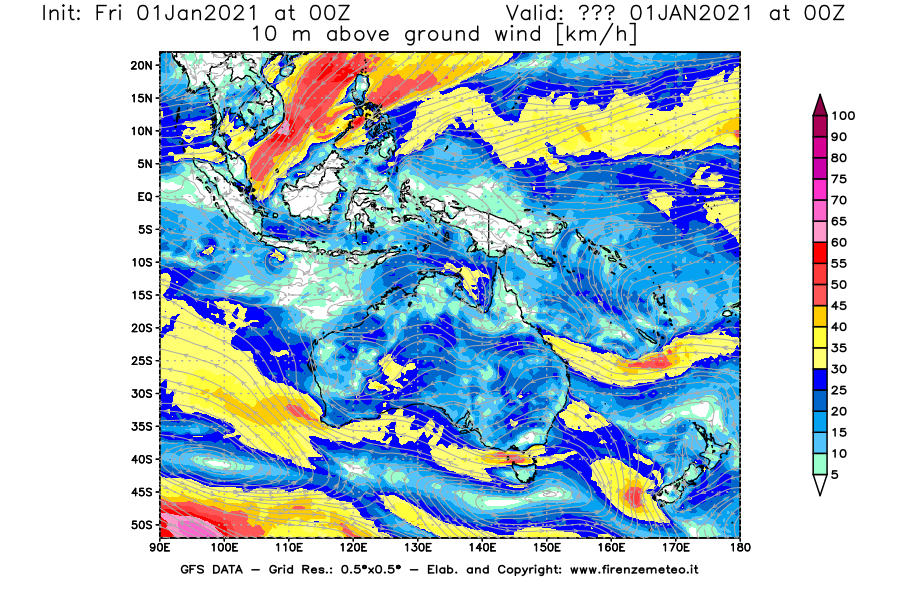 Mappa di analisi GFS - Velocità del vento a 10 metri dal suolo [km/h] in Oceania
							del 01/01/2021 00 <!--googleoff: index-->UTC<!--googleon: index-->