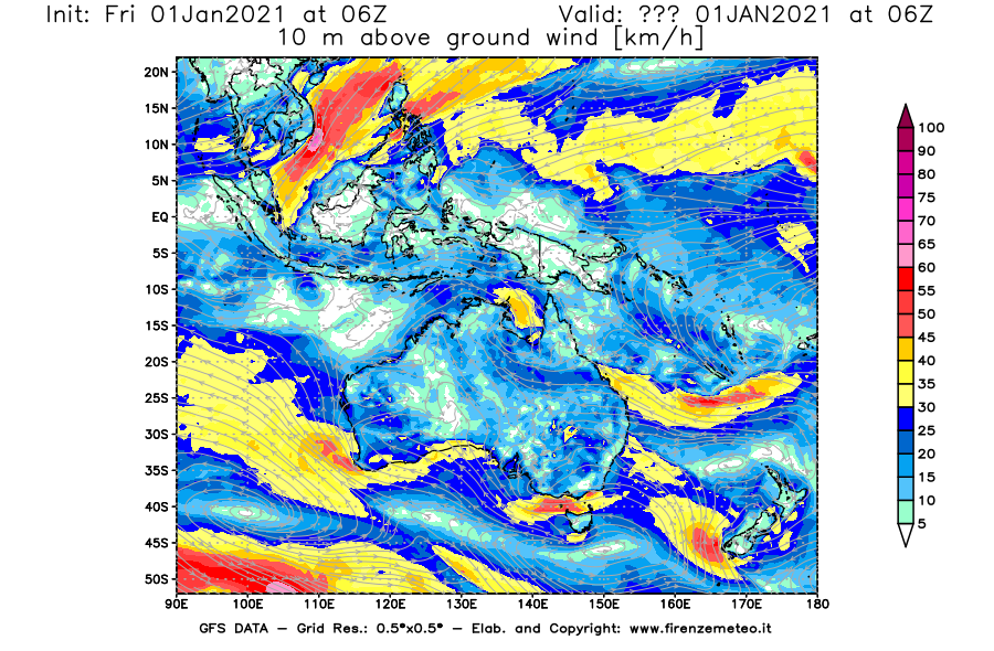 Mappa di analisi GFS - Velocità del vento a 10 metri dal suolo [km/h] in Oceania
							del 01/01/2021 06 <!--googleoff: index-->UTC<!--googleon: index-->
