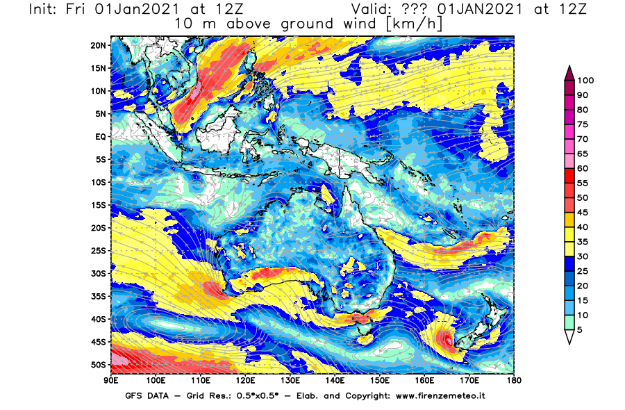 Mappa di analisi GFS - Velocità del vento a 10 metri dal suolo [km/h] in Oceania
							del 01/01/2021 12 <!--googleoff: index-->UTC<!--googleon: index-->