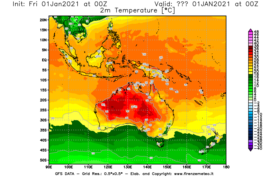 Mappa di analisi GFS - Temperatura a 2 metri dal suolo [°C] in Oceania
							del 01/01/2021 00 <!--googleoff: index-->UTC<!--googleon: index-->