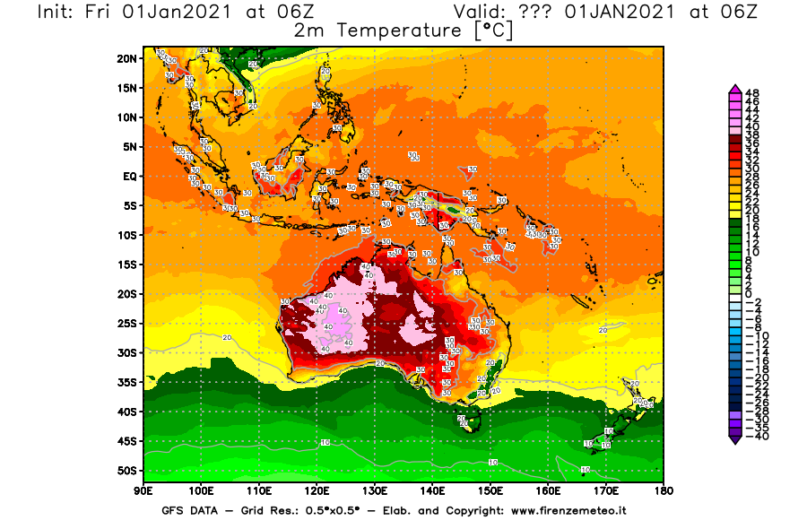 Mappa di analisi GFS - Temperatura a 2 metri dal suolo [°C] in Oceania
							del 01/01/2021 06 <!--googleoff: index-->UTC<!--googleon: index-->