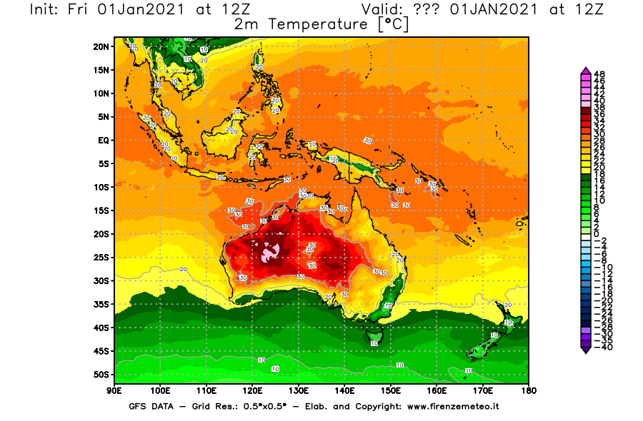 Mappa di analisi GFS - Temperatura a 2 metri dal suolo [°C] in Oceania
							del 01/01/2021 12 <!--googleoff: index-->UTC<!--googleon: index-->