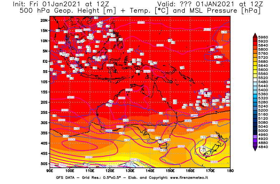 Mappa di analisi GFS - Geopotenziale [m] + Temp. [°C] a 500 hPa + Press. a livello del mare [hPa] in Oceania
							del 01/01/2021 12 <!--googleoff: index-->UTC<!--googleon: index-->