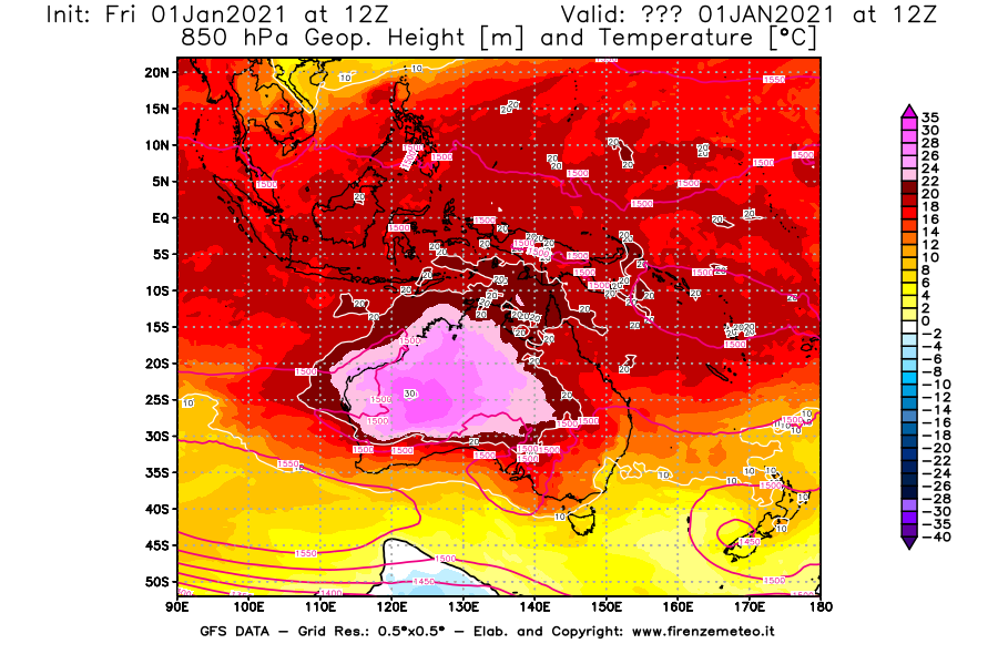 Mappa di analisi GFS - Geopotenziale [m] e Temperatura [°C] a 850 hPa in Oceania
							del 01/01/2021 12 <!--googleoff: index-->UTC<!--googleon: index-->