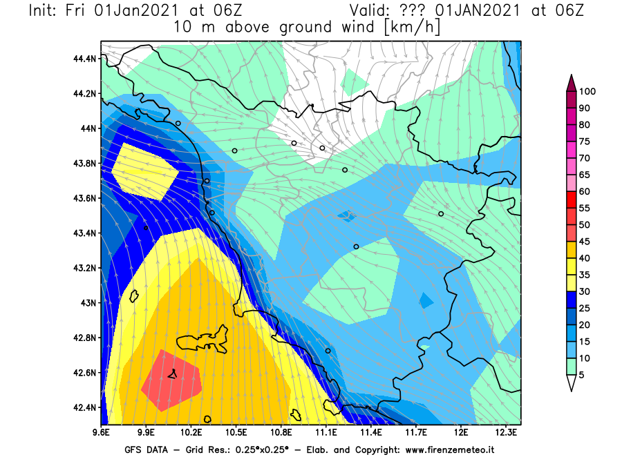 Mappa di analisi GFS - Velocità del vento a 10 metri dal suolo [km/h] in Toscana
							del 01/01/2021 06 <!--googleoff: index-->UTC<!--googleon: index-->