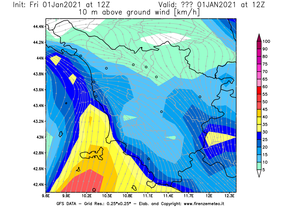 Mappa di analisi GFS - Velocità del vento a 10 metri dal suolo [km/h] in Toscana
							del 01/01/2021 12 <!--googleoff: index-->UTC<!--googleon: index-->