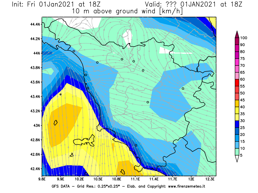 Mappa di analisi GFS - Velocità del vento a 10 metri dal suolo [km/h] in Toscana
							del 01/01/2021 18 <!--googleoff: index-->UTC<!--googleon: index-->
