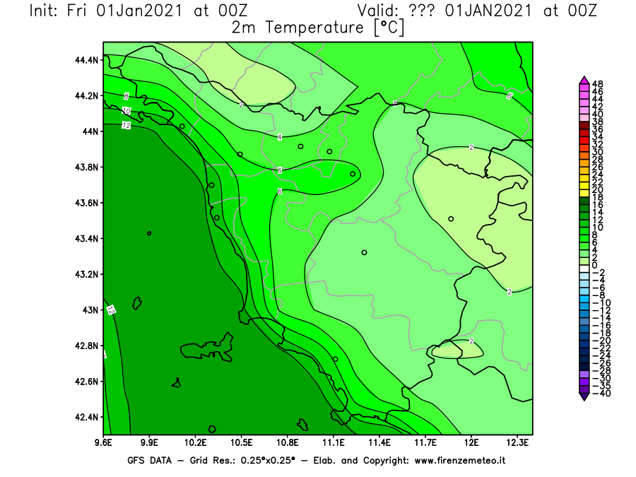 Mappa di analisi GFS - Temperatura a 2 metri dal suolo [°C] in Toscana
							del 01/01/2021 00 <!--googleoff: index-->UTC<!--googleon: index-->
