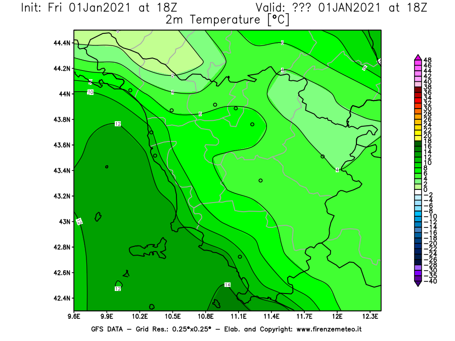 Mappa di analisi GFS - Temperatura a 2 metri dal suolo [°C] in Toscana
							del 01/01/2021 18 <!--googleoff: index-->UTC<!--googleon: index-->