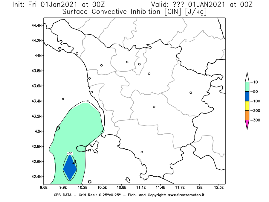 Mappa di analisi GFS - CIN [J/kg] in Toscana
							del 01/01/2021 00 <!--googleoff: index-->UTC<!--googleon: index-->