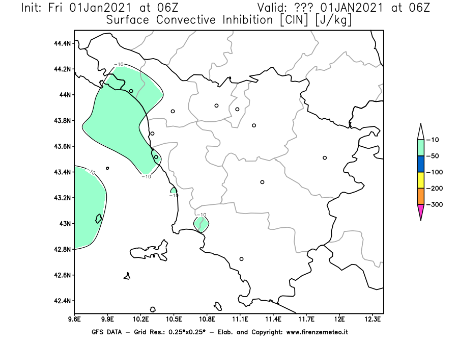 Mappa di analisi GFS - CIN [J/kg] in Toscana
							del 01/01/2021 06 <!--googleoff: index-->UTC<!--googleon: index-->