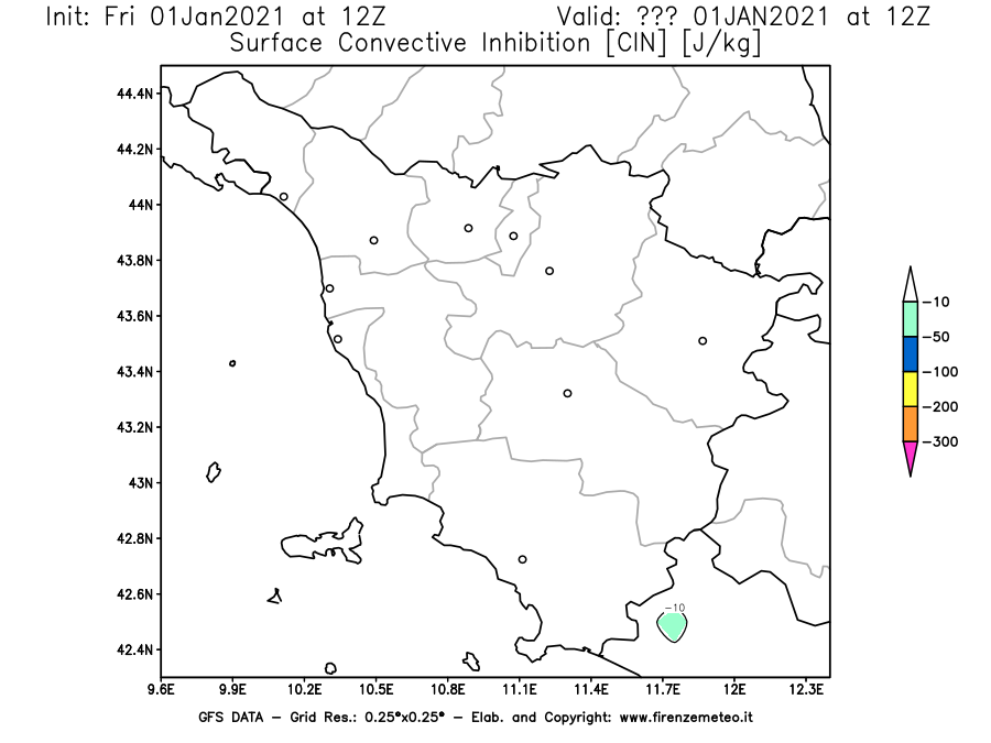 Mappa di analisi GFS - CIN [J/kg] in Toscana
							del 01/01/2021 12 <!--googleoff: index-->UTC<!--googleon: index-->