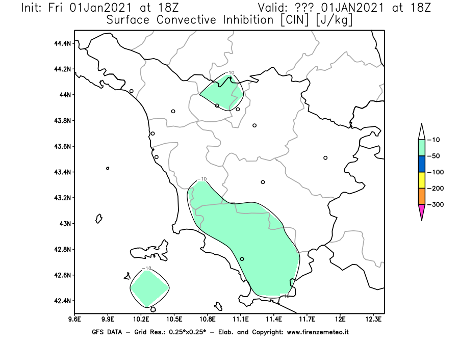 Mappa di analisi GFS - CIN [J/kg] in Toscana
							del 01/01/2021 18 <!--googleoff: index-->UTC<!--googleon: index-->
