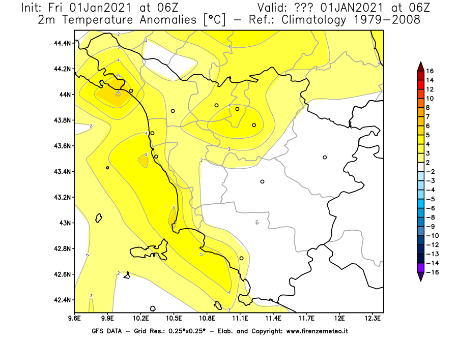 Mappa di analisi GFS - Anomalia Temperatura [°C] a 2 m in Toscana
							del 01/01/2021 06 <!--googleoff: index-->UTC<!--googleon: index-->