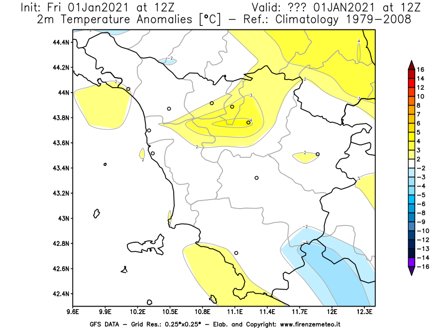 Mappa di analisi GFS - Anomalia Temperatura [°C] a 2 m in Toscana
							del 01/01/2021 12 <!--googleoff: index-->UTC<!--googleon: index-->