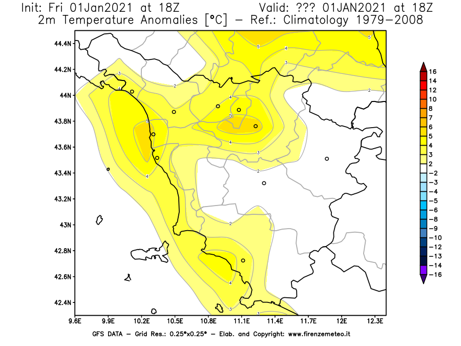 Mappa di analisi GFS - Anomalia Temperatura [°C] a 2 m in Toscana
							del 01/01/2021 18 <!--googleoff: index-->UTC<!--googleon: index-->