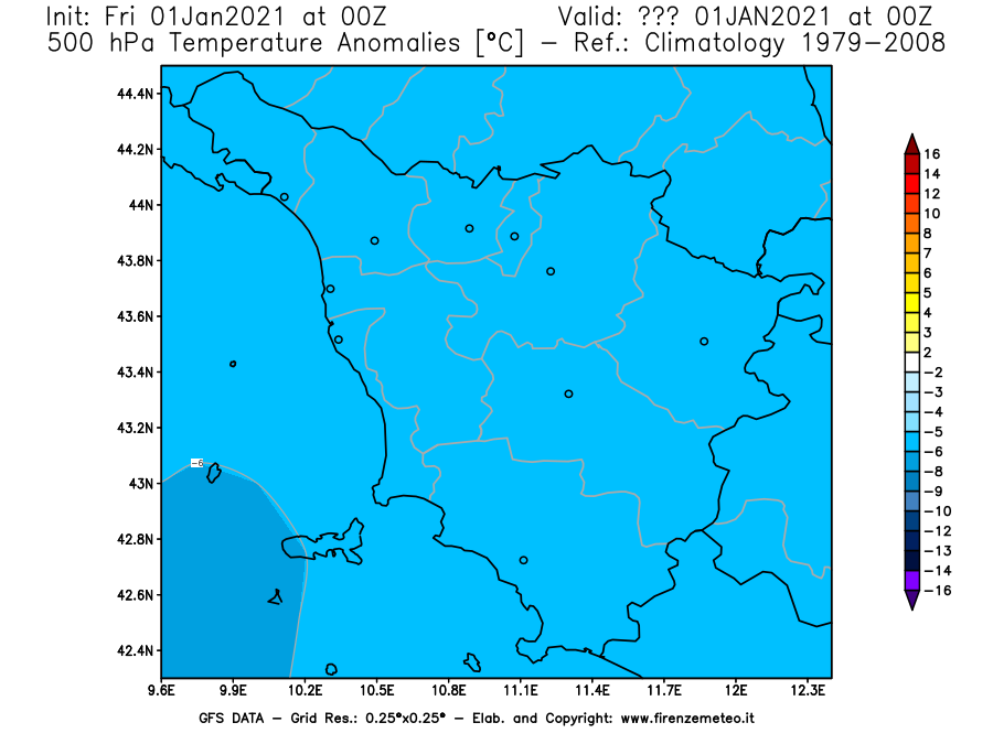 Mappa di analisi GFS - Anomalia Temperatura [°C] a 500 hPa in Toscana
							del 01/01/2021 00 <!--googleoff: index-->UTC<!--googleon: index-->